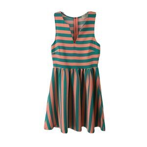 Everly Teal & Pink Fit & Flare Dress Striped Small